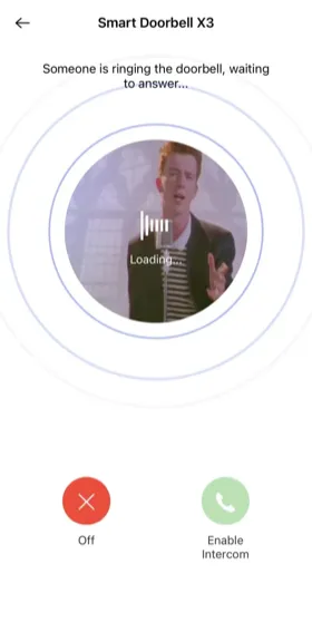 X Smart Home incoming-call screen for Smart Doorbell X3 with a Rick Astley still as the snapshot image