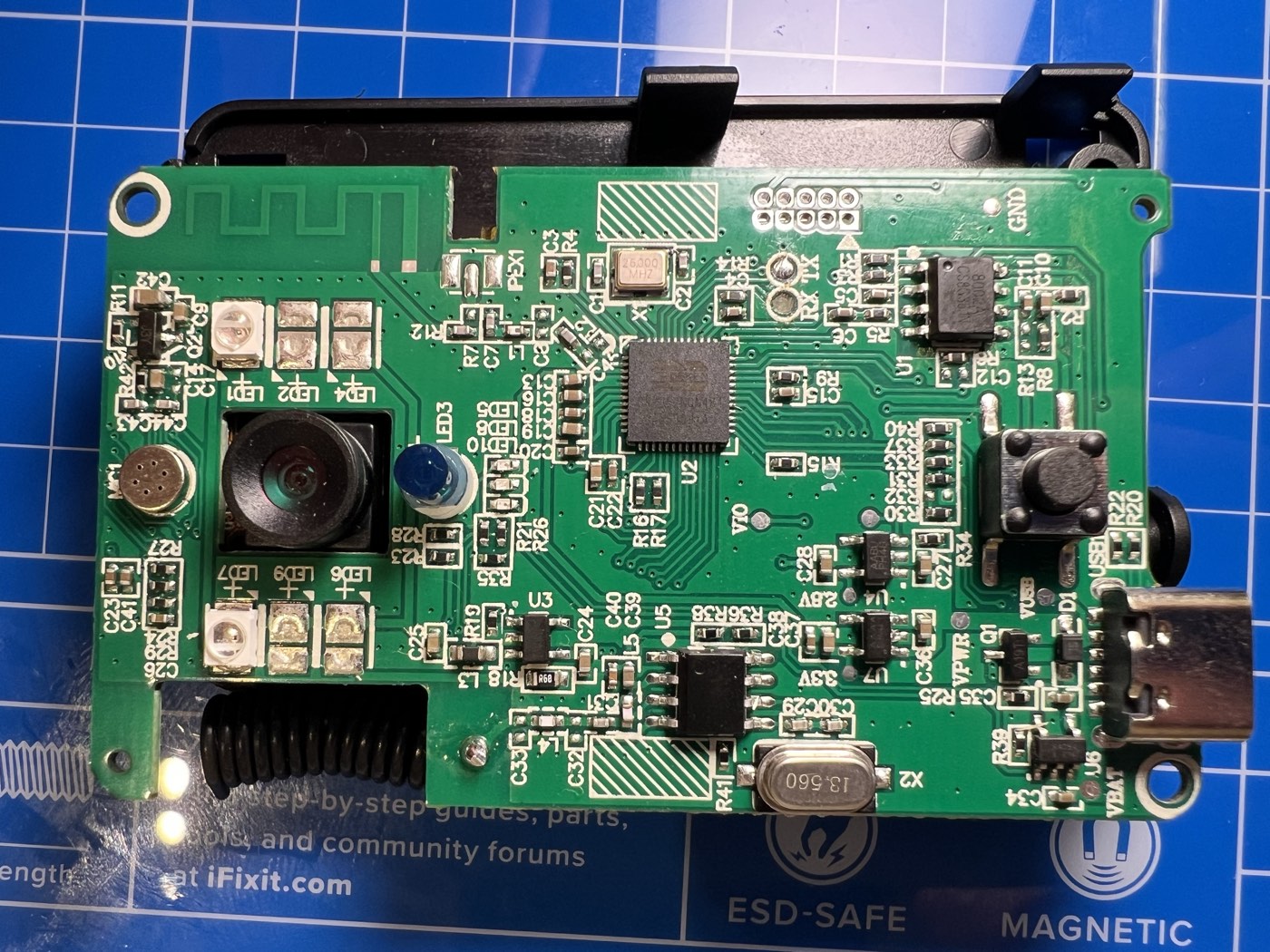 Front of the doorbell PCB with camera, IR LEDs, microphone, USB-C, and ring button