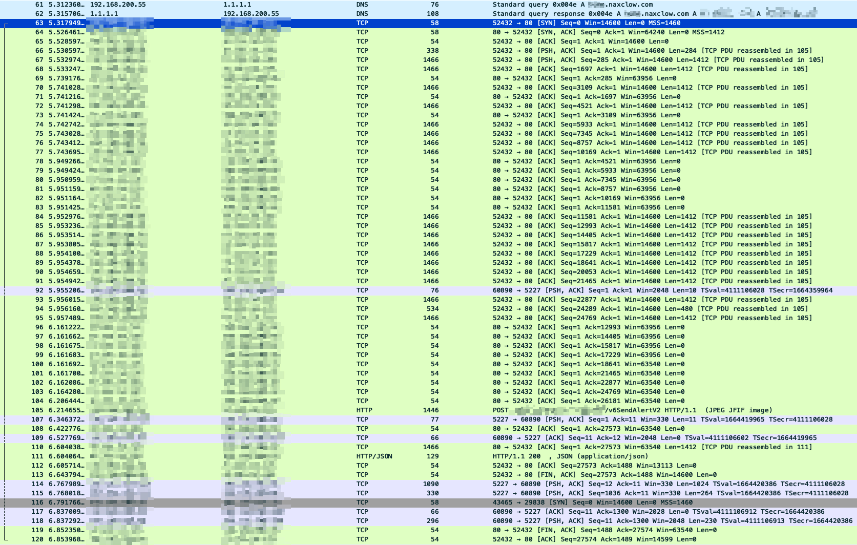 Wireshark capture of the send-alert request and response in cleartext HTTP