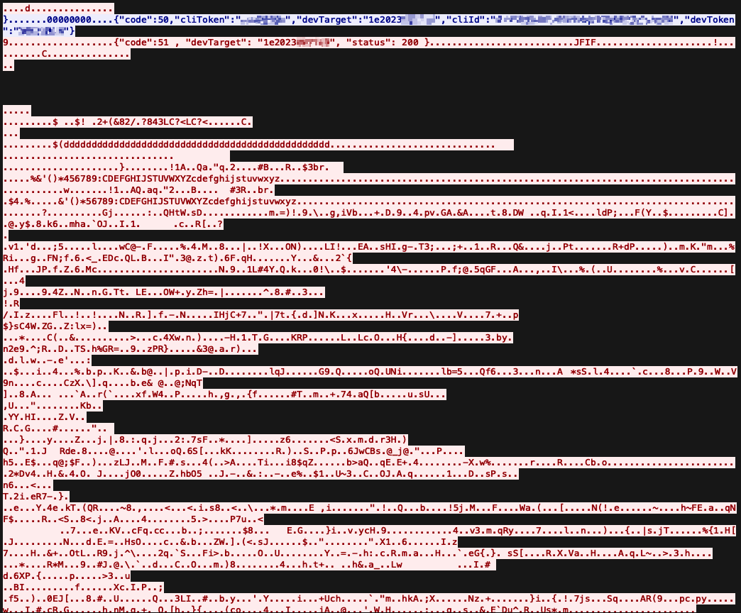 The P2P leg between device and app after hole punching, with a JSON session setup carrying both tokens, a status-200 ack, and raw JPEG frame data