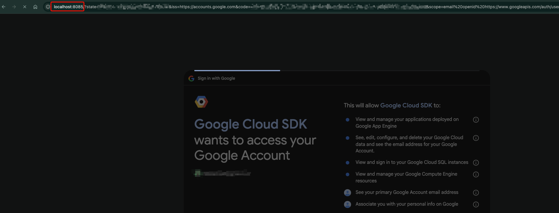 Browser address bar caught mid-redirect, showing localhost:8085 with state and code query parameters, while the Google consent screen is still visible below